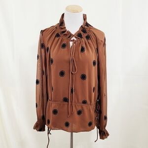 Jenn. Warm brown sheer blouse black crochet flowers size small